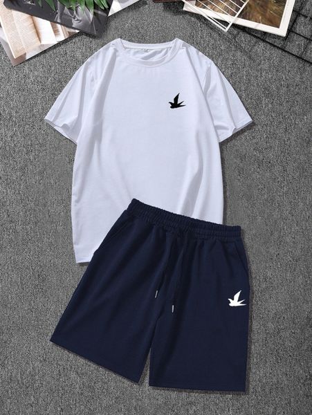 

men bird print tee & drawstring waist shorts p0of#, Gray