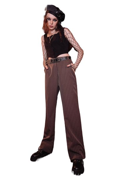 

romwe dark academia striped straight leg pants 62rc#, Black;white