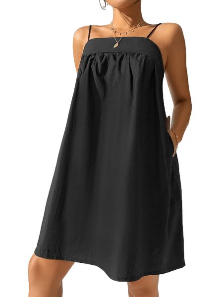 

petite solid tie back cami dress c5k6#, Black;gray
