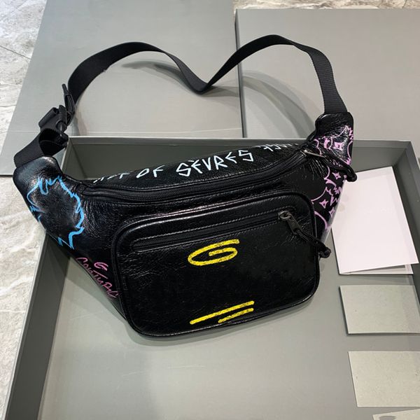 7A Qualidade Cintura Sacos Bumbag Bolsas Bolsa Homens Mulheres Couro Esporte Corredor Fanny Pack Barriga Graffiti Cintura Bum Bag Fitness Correndo Cinto Ajustável Com Caixa