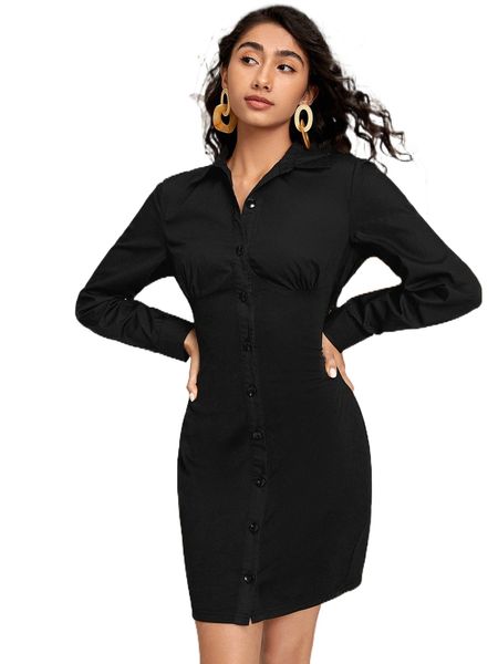 

solid ruched bust shirt dress 95ms#, Black;gray