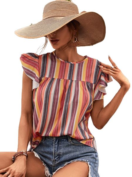 

block striped butterfly sleeve blouse o0dy#, White