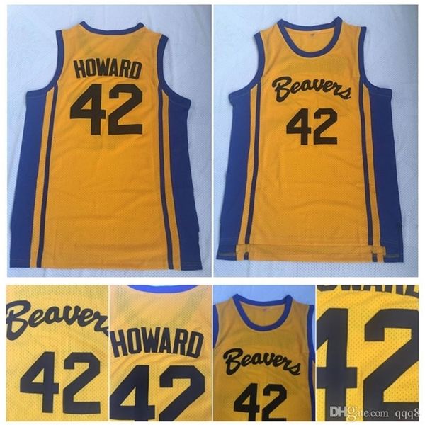 NC01 Top-Qualität 1 Teen Wolf Scott Howard 42 Beacon Beavers College-Basketballtrikot Gelb Film Howard Beavers genähte Hemden S-XXL