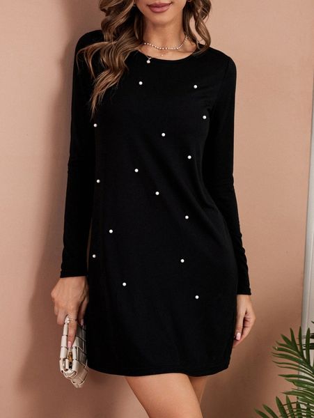 

pearls detail round neck dress g9vu#, Black;gray