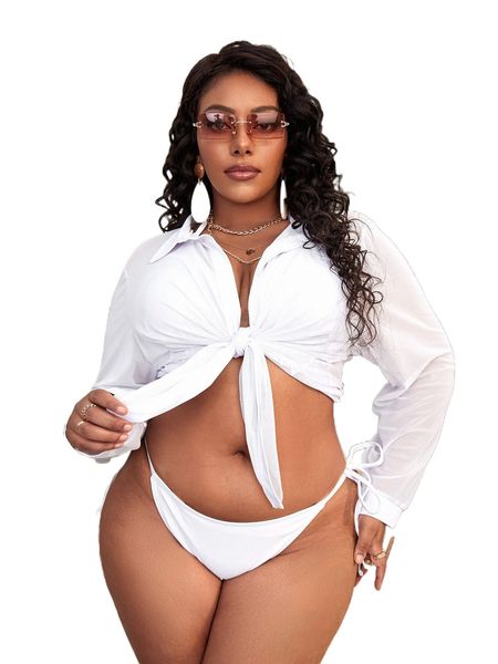 

plus knot front halter triangle bikini swimsuit with kimono s6p5#, White;black