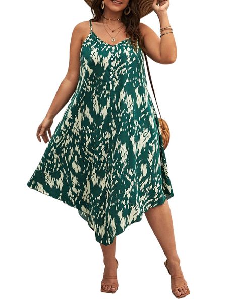 

plus allover print asymmetrical hem cami dress v1on#, Black