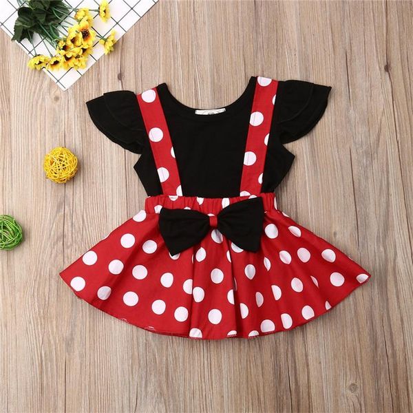 Kleidung Sets Baby Mädchen Rüschen Ärmelloses T-shirt Mädchen Bowknot Dot Rot Hosenträger Rock Outfit Sommer Kleinkind 2PCS SetKleidung