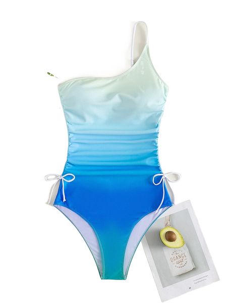 

ombre one shoulder one piece swimsuit 437e#, White;black