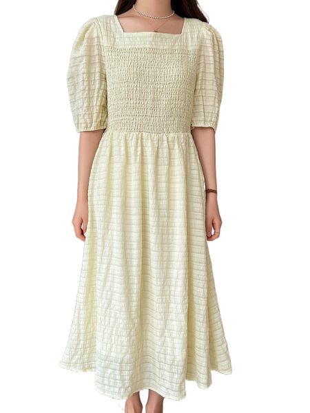 

dazy puff sleeve shirred square neck dress 37z8#, Black;gray