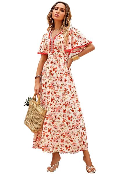 

pompom trim allover floral print a-line dress d4xt#, Black;gray