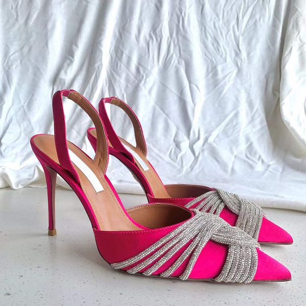 

satin rhinestone decoration pumps 105mm pointed toe shoes spool heels sandals for women heeled luxurys designers dress shoe evening slingbac, Black
