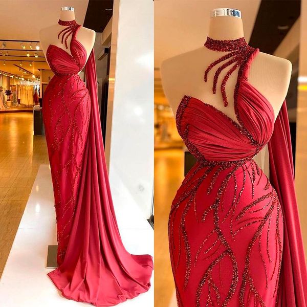 Luxuriöse rote Meerjungfrau-Abschlussballkleider mit abnehmbarer Schleppe, ärmelloses, hochgeschlossenes Abendkleid mit Pailletten, echtes Bild in Übergröße