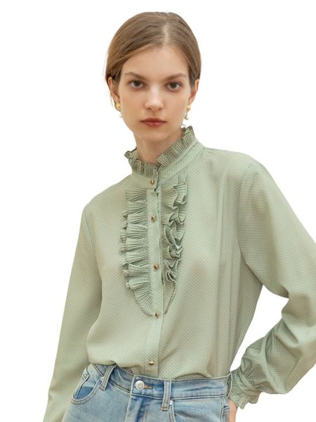 

simple retro polka dot ruffle trim flounce cuff blouse y5os#, White