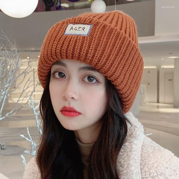 Gorro/caveira tampa grossa de inverno chapéu mulheres bico de malha de cor sólida coreana moda earfalp Skullies beanies mantêm quente unissex Davi22