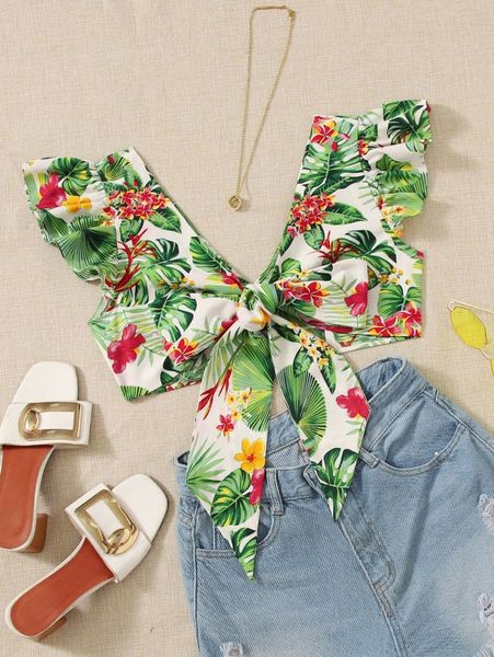 

tropical print knotted butterfly sleeve crop e1og#, White