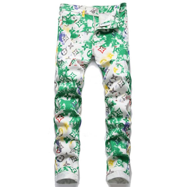 

luxury letter print men jeans lou r hip hop skinny green pants, Blue