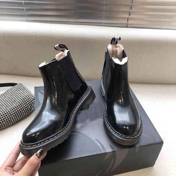 

boots fur one chelsea short boots women's british style flat bottomed handsome leather versatile martin plush, Black