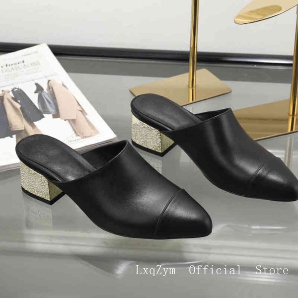 

sandals muller sandals ladies summer outing casual mid-heeled golden square heel pointed comfortable chic leather shoes 4 cm high, Black