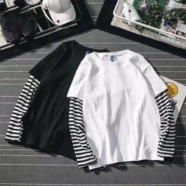 

fake two striped color matching stitching long sleeve women tshirt autumn winter hip hop style couple bottoming shirt 220714, White