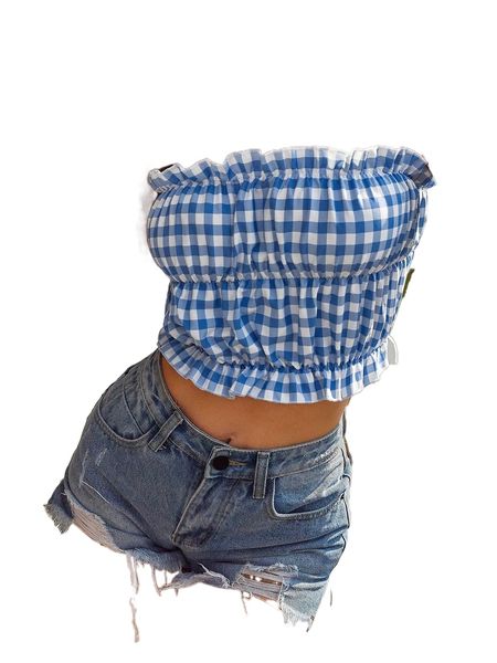 

gingham sleeveless frill trim crop r1hm#, White