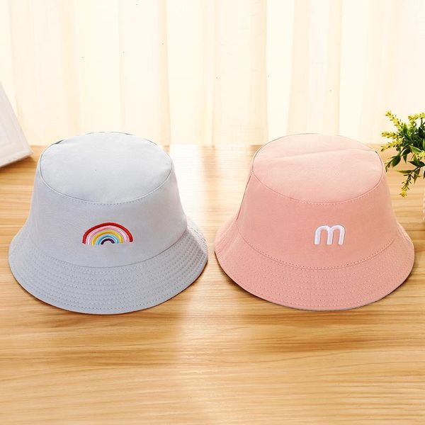 

summer kids double sided rainbow embroidery bucket hat for baby girls children sun caps bonnet, Yellow