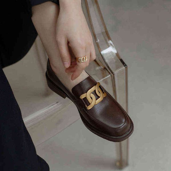 

designer women's shoes boots spring casual women's lefu metal decoration thick heel round head brown one foot small leather shoes, Black
