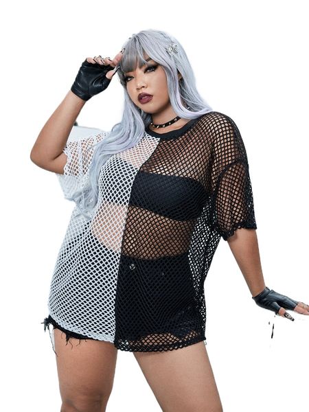 

plus two tone drop shoulder fishnet without tube s4di#, Black