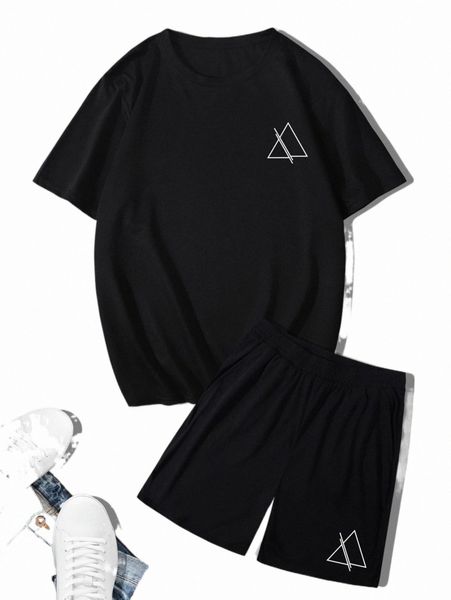 

men geo print tee & shorts t6rs#, Gray
