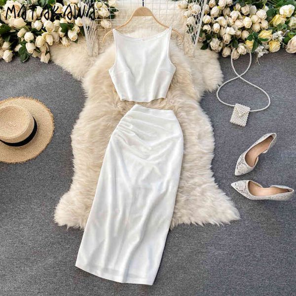 

solid color round neck tank short high waist dodycon skirts midlength women skirt twopiece set female 210506, White
