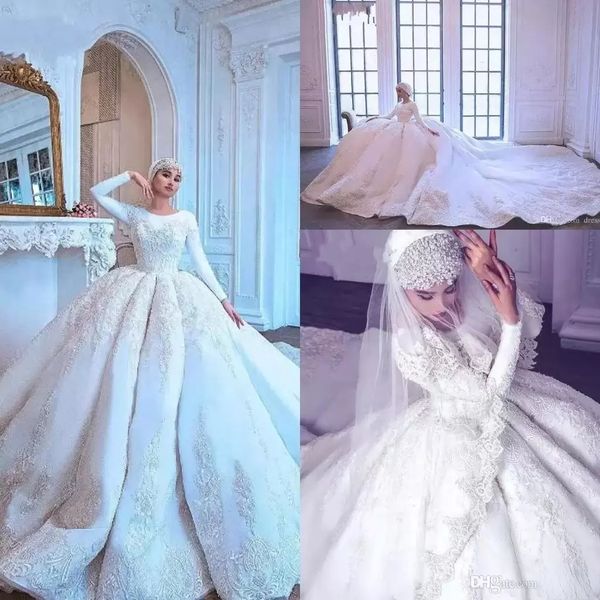 Vestidos de noiva muçulmano de luxo vestidos de bola de renda longa de manga longa Dubai Arábia Saudita disse que vestidos de casamento Mhamad Made 3888