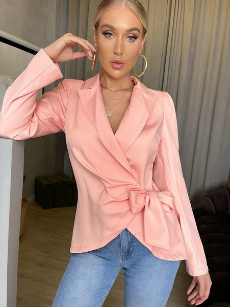 

solid tie front high low blazer l06w#, White