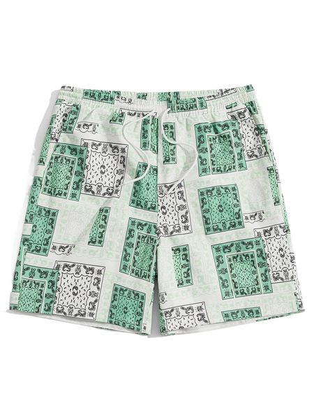 

men paisley print drawstring waist shorts e35t#, White;black