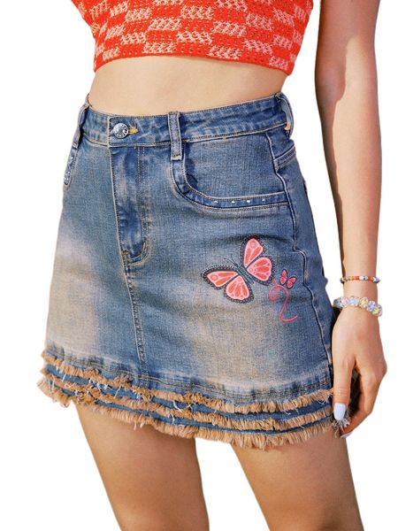 

romwe y2k revival butterfly graphic distressed denim skirt 18lq#, Black