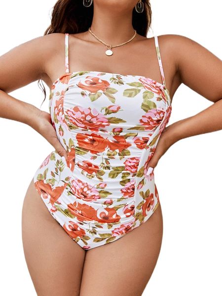 

plus floral print ruched cami bodysuit 86mm#, Black