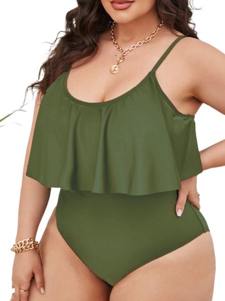 

plus solid ruffle hem one piece swimsuit e6ha#, White;black