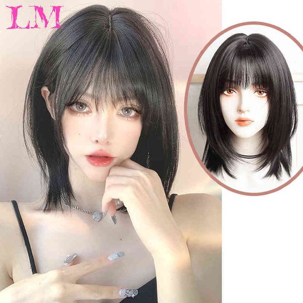 

dark brown wig long wave s for women synthetic hair with bangs heat resistant party daily natural use 220712, Black;brown