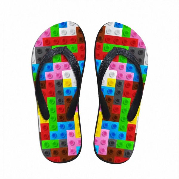 

customized women flats house slippers slipper 3d tetris print summer fashion beach sandals for woman ladies flip flops rubber flipflops o81i, Black