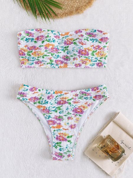 

floral smocked bandeau bikini swimsuit z57p#, White;black
