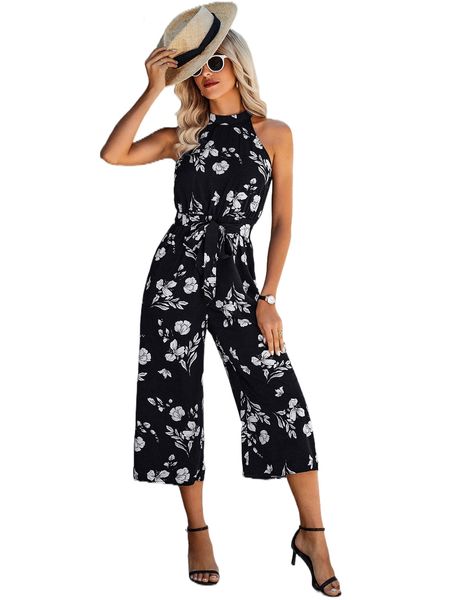 

floral print keyhole back belted jumpsuit b2bc#, Black;white