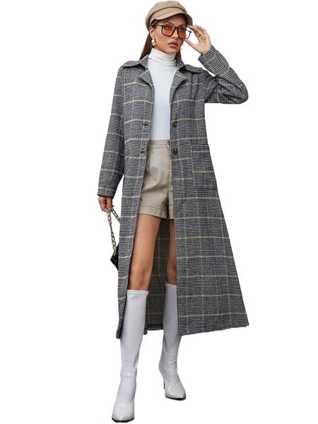 

glen plaid lapel neck overcoat without belt v9gb#, Black