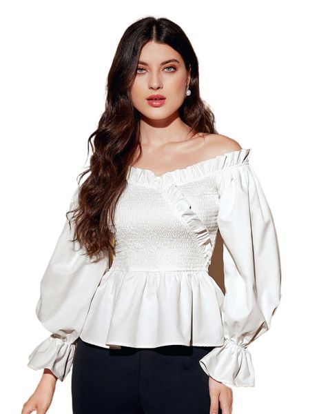 

off shoulder shirred flounce sleeve peplum blouse j0f3#, White