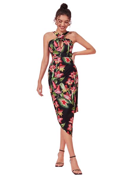 

x elle rebel tropical print crisscross wrap dress k865#, Black;gray