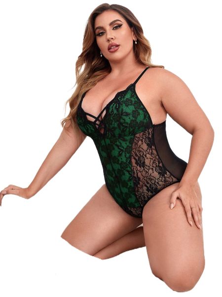 

plus crisscross front lace teddy bodysuit without panty 72wd#, Black;white