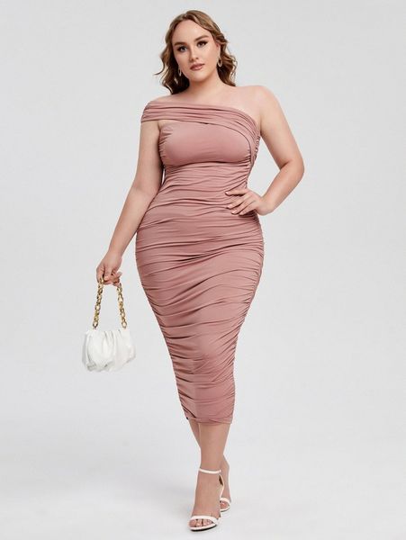 

plus one shoulder ruched bodycon dress n4em#, Black