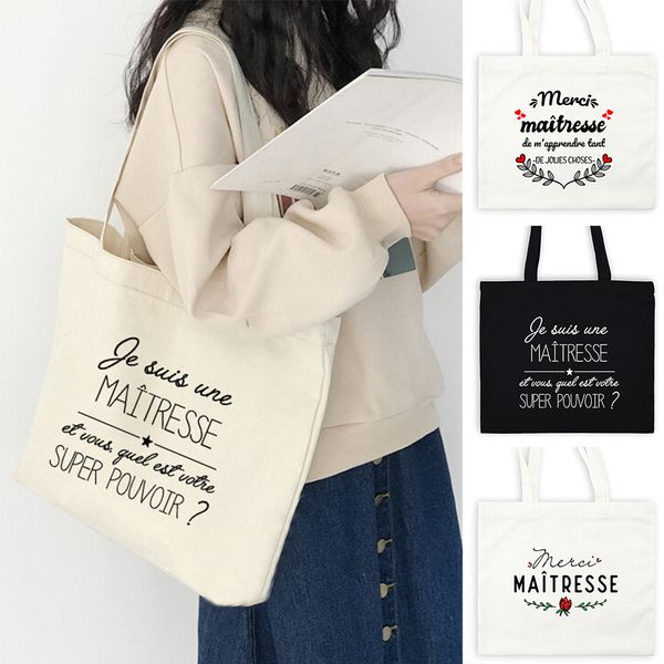 

french teacher life print fashion women canvas shopping bag eco harajuku aesthetic personalized super mistress school bags