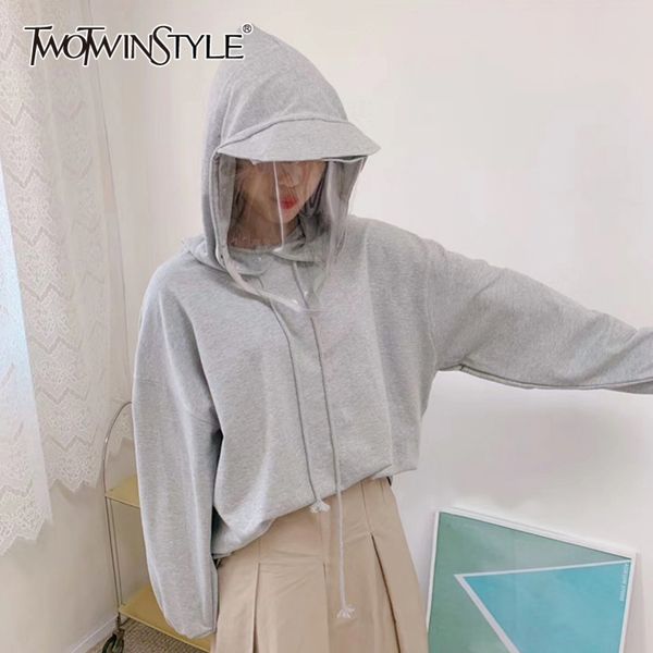

gray casual sweatshirt for women hooded collar long sleeve patchwork loose sweatshirts female fashion now clothing 210423, Black