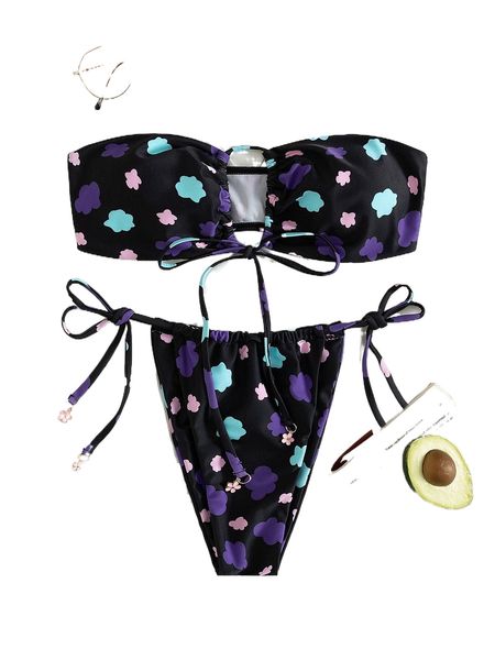 

floral drawstring bandeau bikini swimsuit y37q#, White;black