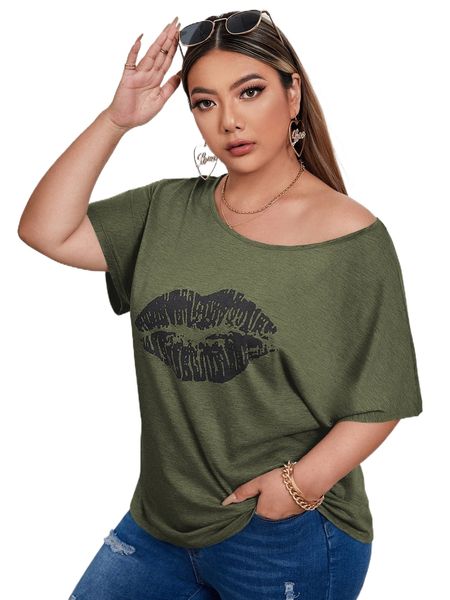

plus lip print batwing sleeve tee 082r#, Black