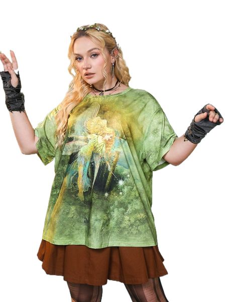 

plus tie dye figure graphic drop shoulder tee d3zx#, Black