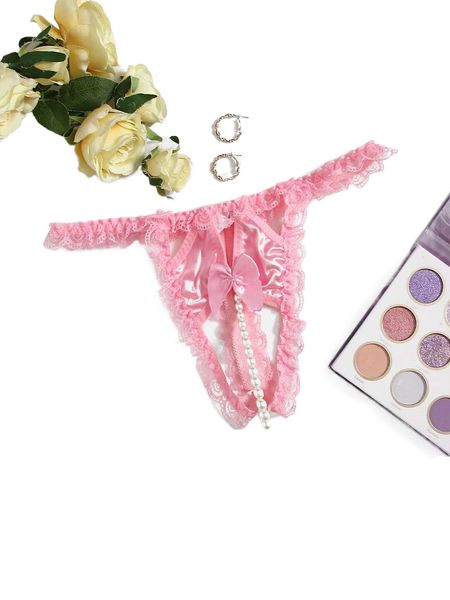 

beaded contrast lace crotchless panty 81zv#, Black;red